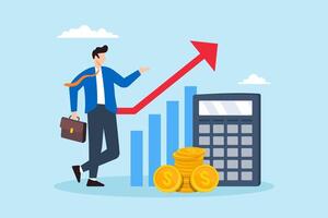Flat illustration of businessman calculate revenue growth with calculator evaluating profit using chart financial analysis investment earning tax accounting vector
