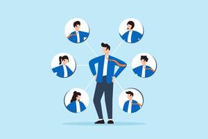 Flat illustration of businessman receive 360 degree feedback from colleagues performance appraisal customer review testimonial job networking employee evaluation rating vector