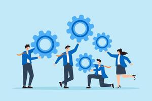 Flat illustration of business people hold cogwheel teamwork collaboration build successful organization work together to help success mission cooperation or community vector