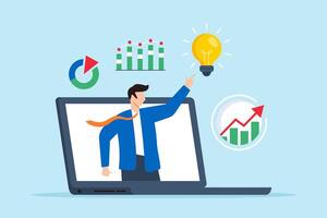 Flat illustration of smart businessman on laptop give advice strategy to analysis graph advisor online presentation vector
