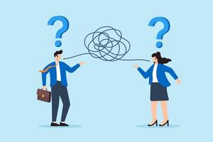 Flat illustration of two business colleagues communicate through messy line with question mark misunderstanding confusion conflict opinion discussion meeting conversation vector