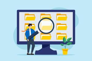Flat illustration of businessman use magnifying glass to search file on computer screen document archive management vector