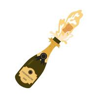 Bottle of champagne. Bottle with gold label for Happy Birthday, Christmas and New Year greetings. Splashes explosion of sparkling wine. vector