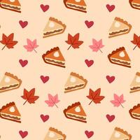 Playful autumn pattern features adorable pumpkin pie slices, hearts, and colorful fall leaves on a soft beige background. vector