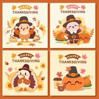 A cute set of Thanksgiving greeting cards featuring adorable cartoon characters like a turkey, cat, and pumpkin, all dressed in pilgrim attire and surrounded by autumn themed elements. vector