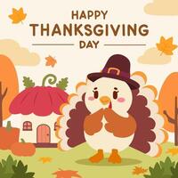 Thanksgiving illustration showcases an adorable kawaii turkey in a pilgrim hat, standing in front of a pumpkin shaped house in a cozy autumn forest. Surrounded by falling leaves and autumn colors. vector