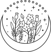 Floral Moon Design with Stars and Flowers in black and white beautifully encapsulates natures mystical essence. Harmonious blend of delicate floral motifs and celestial elements. illustration vector