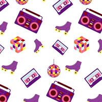 Retro elements, cassette tapes, roller skates, boomboxes pattern in purple tones in a modern, flat style for party invitations, graphic design, badges and templates. illustration vector