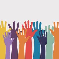 Set of people raised hands, open hands up of different types colors, diversity people multiethnic race and community concept, Teamwork, collaboration, voting, volunteering concert, vector