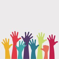 Set of people raised hands, open hands up of different types colors, diversity people multiethnic race and community concept, Teamwork, collaboration, voting, volunteering concert, protest vector