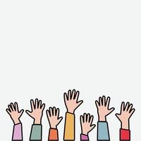 Set of people raised hands, open hands up of different types colors, diversity people multiethnic race and community concept, Teamwork, collaboration, voting, volunteering concert, protest.Flat style vector