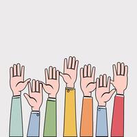 Set of people raised hands, open hands up of different types colors, diversity people multiethnic race and community concept, Teamwork, collaboration, voting, volunteering concert, protest.Flat style vector