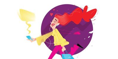 Illustration of a cute girl with shopping. Cute red-haired girl is running with phone and packages. Image is isolated on white background. Flat illustration for print and website. vector