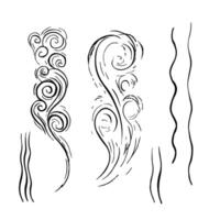 A stream of fragrance and smoke. graphics depicting warm steam. A smell sign, lines that emphasize the smells of cigarettes or food, hot drinks. A hand-drawn illustration. On a white background vector