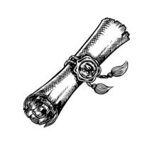 An ancient scroll sealed with a seal. black and white graphics. Hand-drawn illustration on a white background. An element of the design of postcards, flyers, posters, stickers, and more. vector
