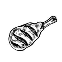 Grilled chicken leg. graphics with the image of a chicken leg cooked on a barbecue. A hand-drawn black and white illustration of the dish. For a menu, poster, or label. For cooking recipes. vector