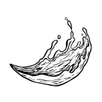 A splash of liquid water or a drink. black and white hand-drawn graphics on a white background. Design element for labels, menus, packages and posters. vector