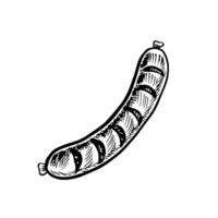 Sausages cooked on a barbecue grill. graphics with the image of a fried sausage. A black-and-white hand-drawn illustration of the dish. On a white background. For a menu, label, cooking recipes vector