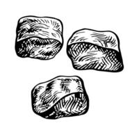 Kebab meat. graphics with the image of pieces of meat. A hand-drawn black and white hand-drawn food illustration. On a white background. For menus or labels. For cooking recipes and packages. vector