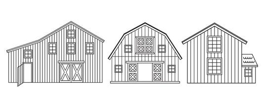 Set of black white line red farm wooden barns for coloring book. Isolated line illustration of objects on white background vector