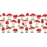 Horizontal repeatable border of Red cute amanita mushrooms with grass. seamless border on a white background for kids vector