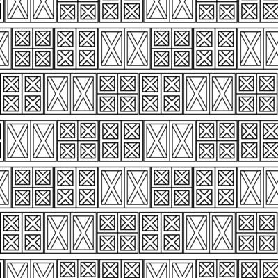 Geometrical seamless pattern of wooden doors. Black white outline texture of wooden houses on white background