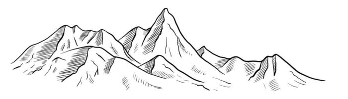 Mountain Range illustration. Linear drawing in Black and White Ink of hills for travel and cartography design. Etching of rocks painted in line art style. Etch of relief landscape with peak. vector
