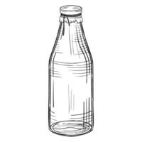 Empty glass Bottle for Milk or any beverage. illustration of transparent packaging with cup for grocery in line are style. Monochrome linear drawing of container for drink. Etching for culinary vector