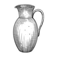 Pitcher illustration. Linear drawing of vintage jug painted by black inks. Outline etching of container for liquid on isolated background. Etch of kitchenware for milk or wine. Art for cookbook vector