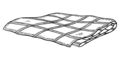 Folded cloth illustration. Drawing of checkered blanket or plaid painted in line art style by black inks on isolated background. outline etching of tablecloth. Monochrome engraving. vector