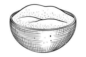 Bowl of Flour illustration. Drawing of dish with curd or sour cream in line art style. Rustic retro outline element painted by black inks on isolated background. Etching for cookbook. vector
