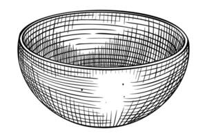 Empty bowl illustration. Drawing of wooden kitchenware painted by black inks on isolated background in linear style. Outline etching of traditional dish for cookbook. Engraving of container. vector
