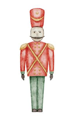 Soldier Toy watercolor illustration. Drawing of retro wooden Nutcrackers for Christmas greeting cards or New Year invitations. Sketch of childish element for Xmas Baby design. Art for postcards.