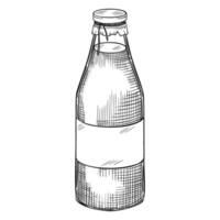 Empty glass Bottle for Milk or any beverage. illustration of transparent packaging with cup for grocery in line are style. Monochrome linear drawing of container for drink. Etching for culinary vector
