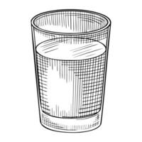 illustration of a Glass of Water painted by black inks in outline style. Linear drawing of transparent clear container for beverage or liquid on isolated background. Etching for cookery book. vector