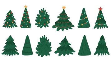 Set of cartoon Christmas trees, pine trees for greeting card, invitation, banner, web. Trees decorated with New Year's details, balls and stars. Flat. Hand drawn vector
