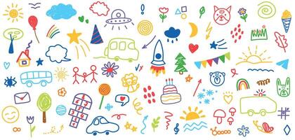 Hand drawn colored set of simple decorative childish elements. Various kid outline icons. Various simple illustrations such as hearts, crowns, cloud, sun, flowers, stars, houses, trees, lines. vector