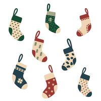 A set of cozy winter socks with playful patterns including snowflakes, hearts, trees and stripes. These holiday socks are arranged in a fun, scattered layout, showcasing a cute and minimal flat style. vector
