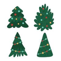 Festive Christmas trees. Colorful winter trees collection for holiday xmas and new year. Christmas trees of various shapes decorated with garlands and Christmas decorations. Hand draw vector
