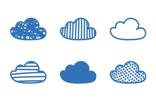 Doodle cloud sketch illustration. Hand drawn cute blue, clouds. Scribble doodle children drawn style. illustration