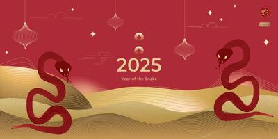 2025 Chinese New Year, Year of the Snake, banner template design with modern geometric style, snake and traditional patterns. Translation from Chinese Happy New Year, snake symbol vector