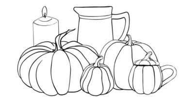 Linear sketch of a pumpkin composition and Wheat Ears in the Jug. Autumn illustration vegetables painted by black inks. Contour Linear drawing. Engraving for designs fall harvest and Thanksgiving day vector