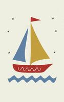 Minimalist illustration of a simple sailboat with a red hull, blue and yellow sails, and a red flag vector