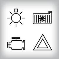 Linear vehicle icon set. Light bulb, emergency sign, radiator and engine vehicle parts and design icon set. vector