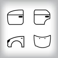Linear set of 4 vehicle body icons. Door, fender and hood vehicle parts and design icon set. vector