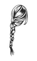 Black and white illustration of a neat, braided hairstyle. Detailed and well-defined vector