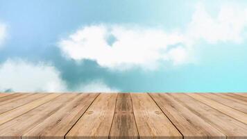 Empty wooden table with blue sky and cloud background looping for display video