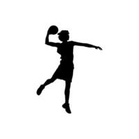 Silhouette of a basketball player in the air about to score a basket vector
