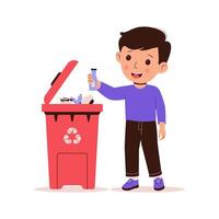 Funny little boy throwing trash in the trash vector