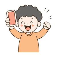 Funny Curly Haired Kid Boy Character Holding Gadget Handphone with Happy Expression vector